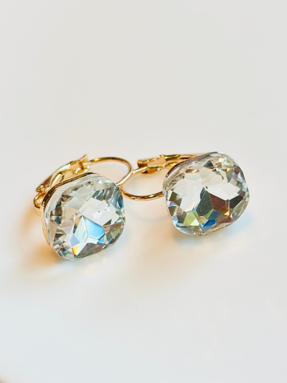 Square Clear Crystal Drop Earrings Cushion Cut Assorted Finish In Gold Tone